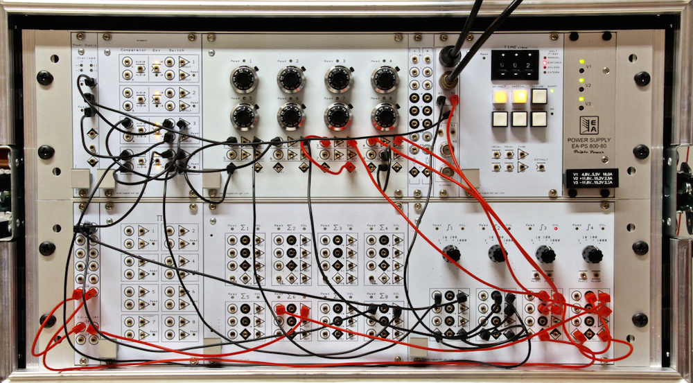 Setup of the bouncing ball problem on an Analog Paradigm Model-1 analog computer